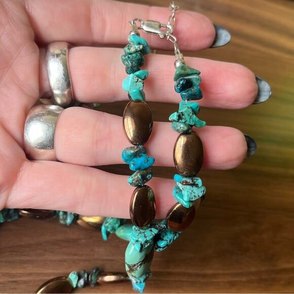 Vintage 925 Sterling Silver Chunky Genuine Turquoise and Bronze Bead Necklace C3 - Picture 8 of 11